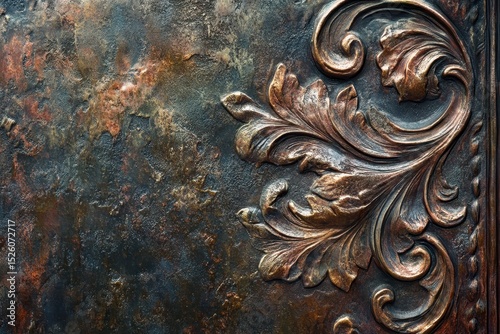 Weathered brown metallic surface showcasing intricate floral designs illuminated by soft light from an unseen source in an artistic setting