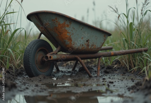 Rusty wheelbarrow half-submerged in a muddy furrow surrounded by grass