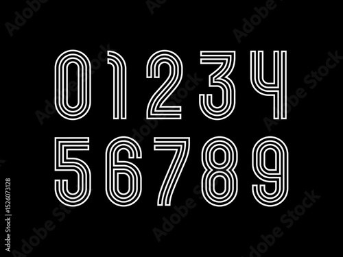 White numbers set in the striped style, numerals 0 to 9 made in line art style, vector illustration 10EPS