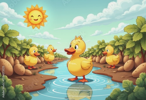 Cute ducks waddling through puddles in a vibrant potato field
