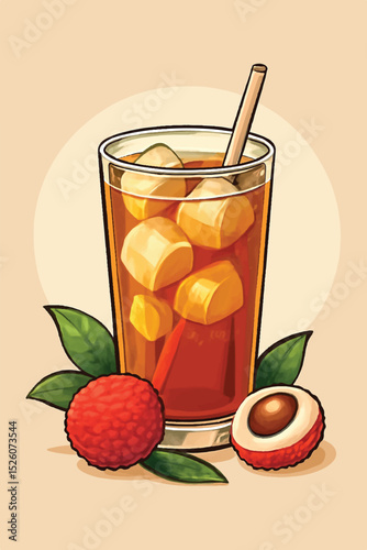A refreshing glass of lychee tea shown in a professional vector style, featuring ice cubes and real lychee fruits. Suitable for Asian tea menus, summer themes, or healthy beverage collections.