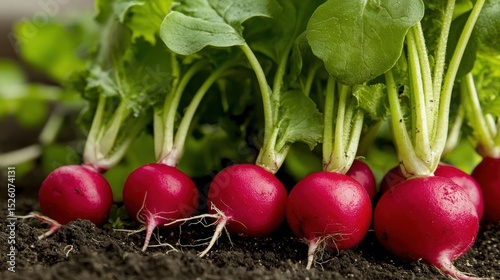 Group of fresh radishes growing in a garden bed. the radishes are bright red in color and have long, thin stems with green leaves.