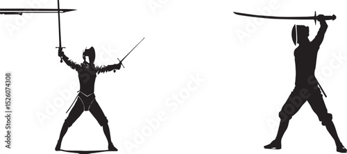 Medieval and Samurai Sword Fighters Silhouette