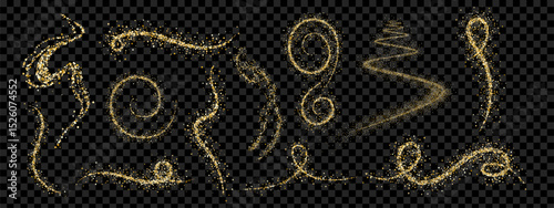 Gold glitter wave and dust elements. Shiny, glittering curves and lines for elegant invitations and greeting cards. Vector illustration.