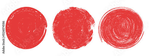 Japanese red sun brush stroke. Rough hand drawn round shape. Abstract grunge vector element.