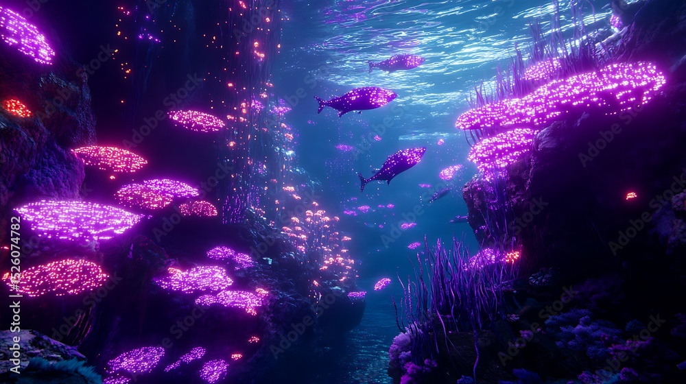 Fototapeta premium Underwater luminescence: a surreal coral reef with glowing marine life