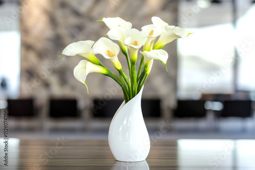 Elegant white calla lilies in a modern vase bring sophisticated beauty to any room. Fresh flowers enhance the ambiance.