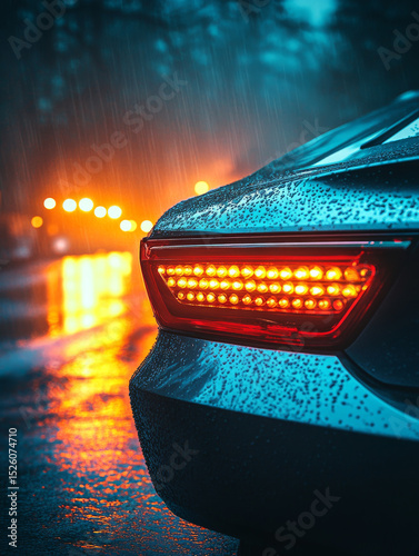 Car taillight glowing in the dim, rainy night. Vivid light creates a striking reflection on the wet pavement.