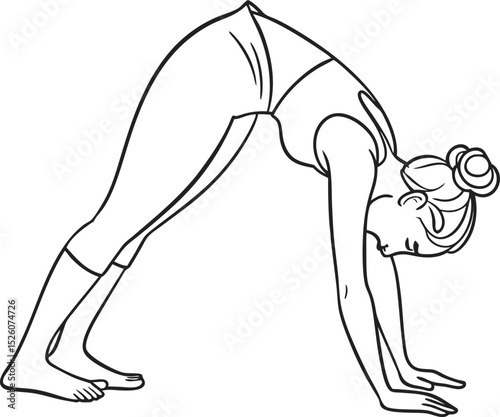 Woman practicing downward facing dog yoga pose line art illustration