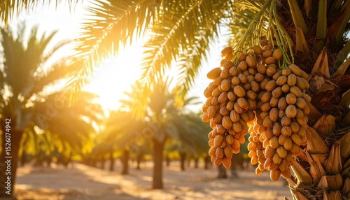 Golden Dates Cluster On Palm Tree At Sunset