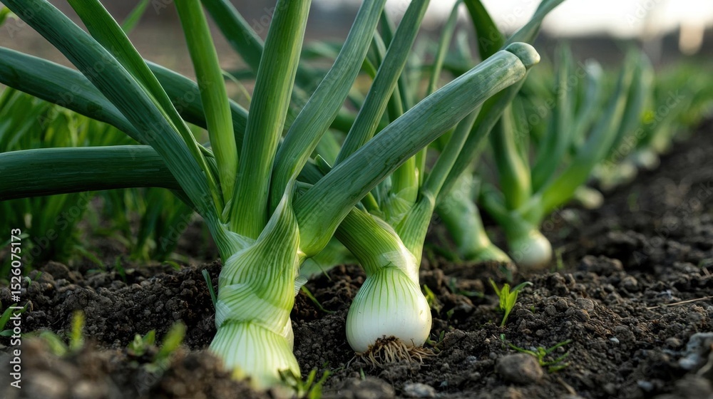 Obraz premium Close-up of a group of young green onions growing in a garden bed. the onions are growing in neat rows, with their leaves still attached to the stems.