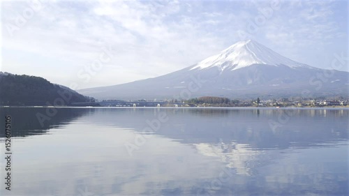 Breathtaking views of Mount Fuji reflect in the tranquil waters, showcasing lush greenery and a peaceful atmosphere in Japan on a clear afternoon. Nature surrounds the idyllic scene. Kawaguchiko Lake