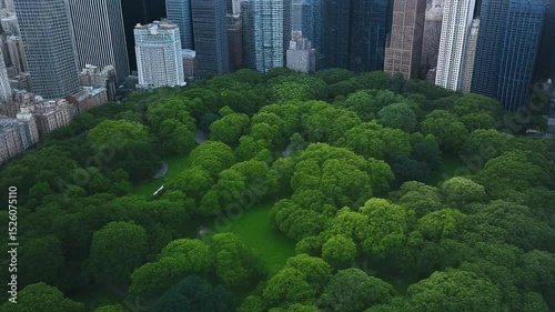 Aerial view of a green city park surrounded by modern urban skyscrapers showcasing the vivid contrast between nature and metropolitan architecture.