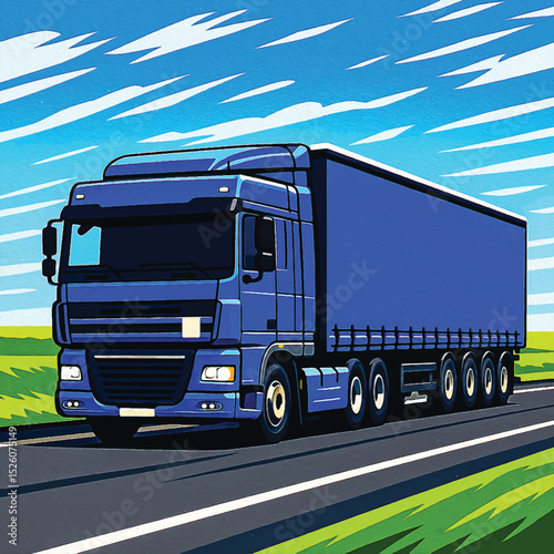 Adobe Illustrator Artwork Blue Freightliner on the Open Road – Stylized Truck Illustration