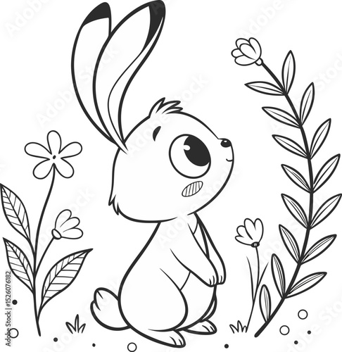 bunny painting easter egg and some flowers, coloring page ready to print on standard 8.5x11 inch paper easter bunny easy coloring page 