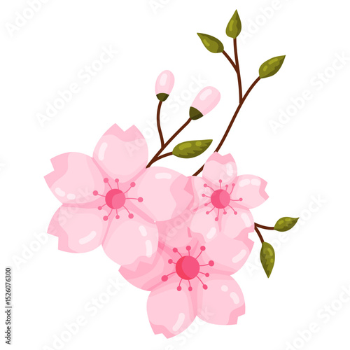 A charming illustration of a delicate cluster of pink cherry blossoms or sakura, complete with unopened buds and fresh green leaves on a graceful brown branch. This beautiful floral element captures t
