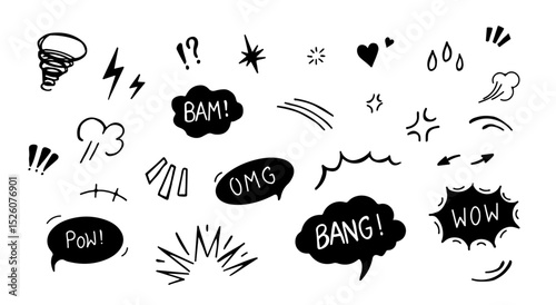 hand drawn comic doodles, lines, strokes, scribble, speech bubbles, abstract shapes, graphic effects for character expressions/emotion etc 