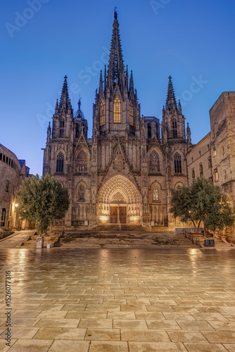 The imposing Barcelona Cathedral at dawn with no people