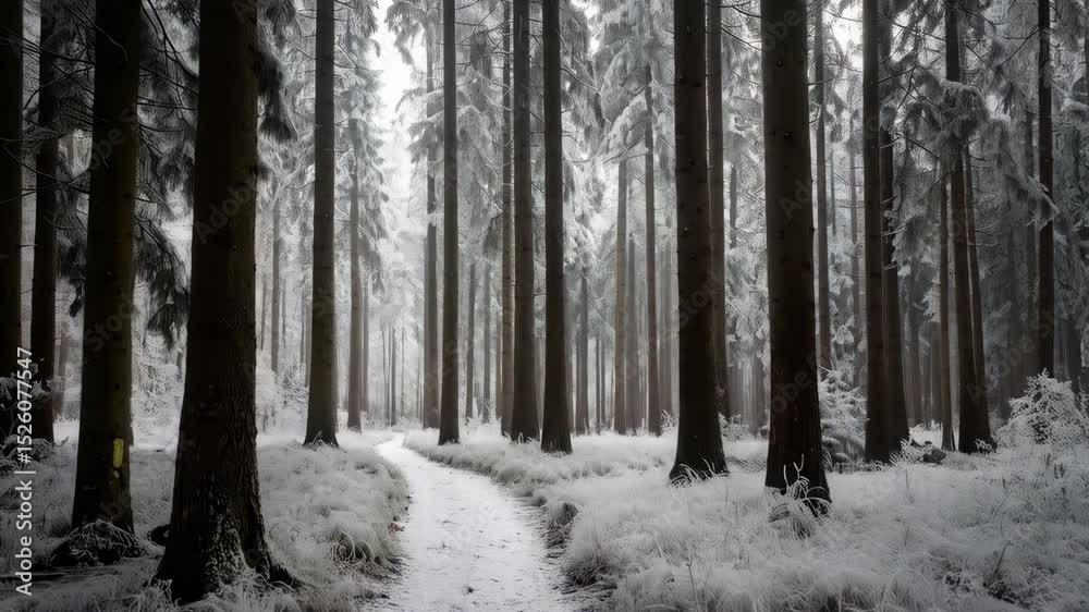 Snowy forest path with tall coniferous trees covered in frost on a cold winter day