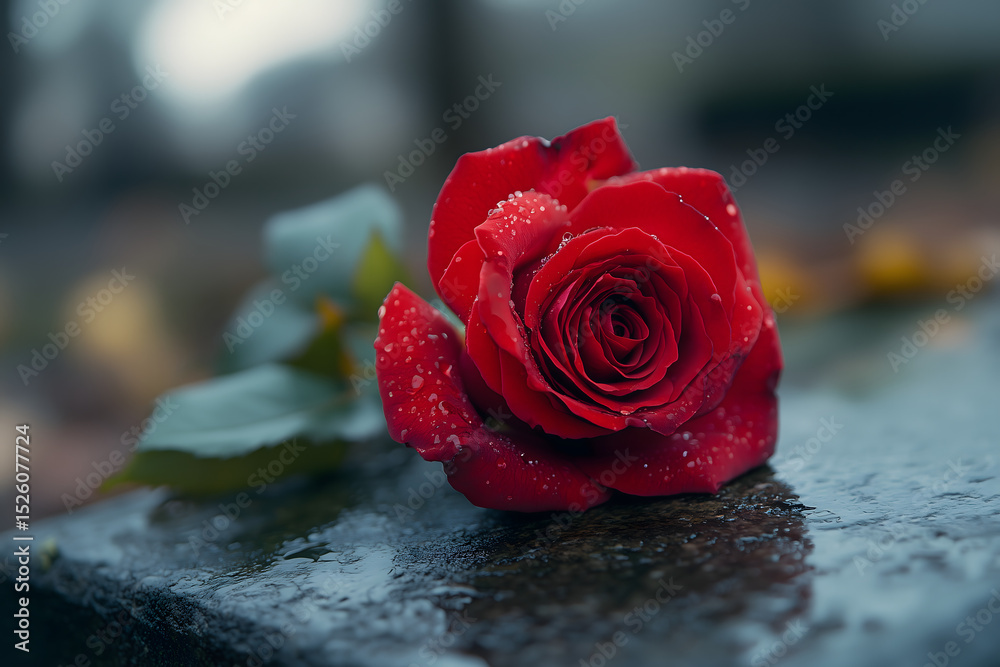 custom made wallpaper toronto digitalA poignant red rose with dew drops on a marble gravestone, a dramatic scene of memory.