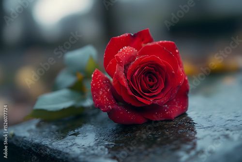 Wallpaper Mural A poignant red rose with dew drops on a marble gravestone, a dramatic scene of memory. Torontodigital.ca