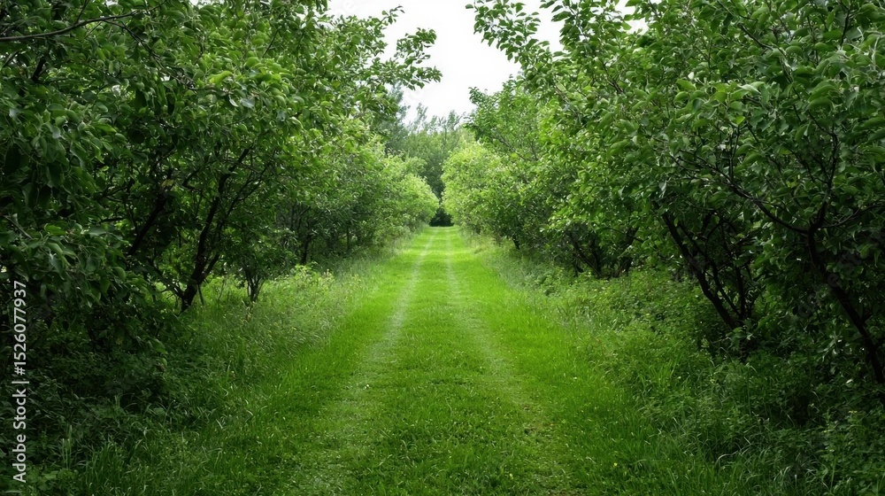 Fototapeta premium Dirt path winding through a dense forest. the path is surrounded by tall trees on both sides, with green leaves covering the entire length of the path.