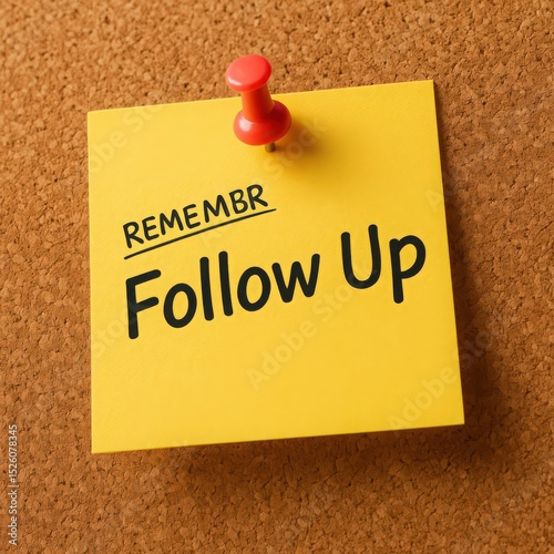 A yellow sticky note on cork board reading remember follow up pinned with a red push pin for reminders