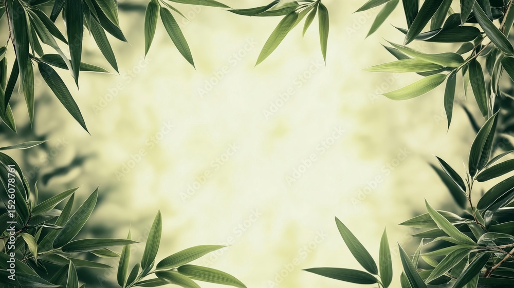 Fototapeta premium Lush tropical foliage framing a serene background with soft light illuminating the scene