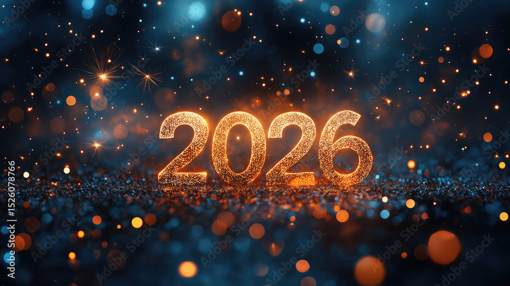 Fototapeta premium Glittering 2026 in vibrant blue and orange new year celebration. Happy New Year 2026