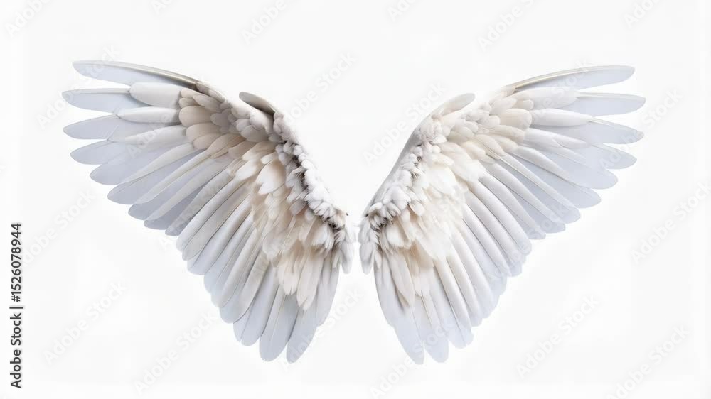 Dramatic, close-up view of two feathered wings against a bright white background, creating a sense of lightness and angelic appearance.