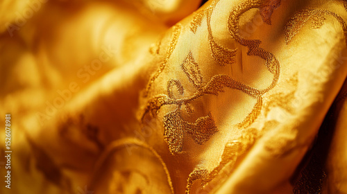 Luxurious golden fabric with intricate embroidered patterns. Textured and luminous rich background for elegant designs.