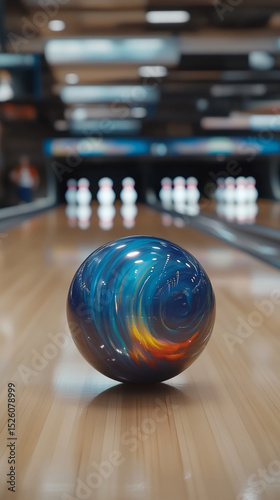 Colorful bowling ball on lane, ready to strike pins. A vibrant game of fun and excitement.