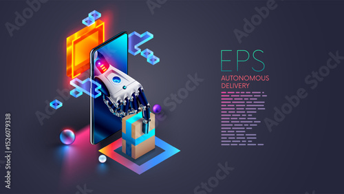 The AI manages the logistics, delivery of the online store. The robot or Cyborg hand gives the order box to customer from screen phone. Artificial Intelligence delivery. Delivery service automation.
