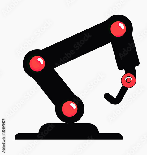 A simple flat design icon of a black and red robotic arm, a minimalist vector graphic symbolizing automation, manufacturing, and industrial technology.
