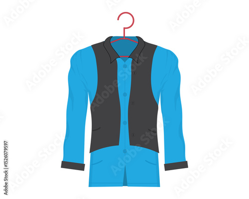 vector design of a long-sleeved blue shirt with hanger and black cloth jacket