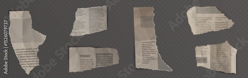 Torn newspaper fragments, ripped paper scraps with text. Crumpled news clipping pieces, shredded old page remnants. Damaged sheets from book or journal. Grunge collage or scrapbooking design element.