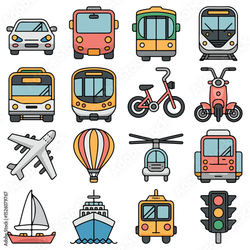 Transportation Icon Set – Colorful Vector Vehicles Collection for Travel and Transit


