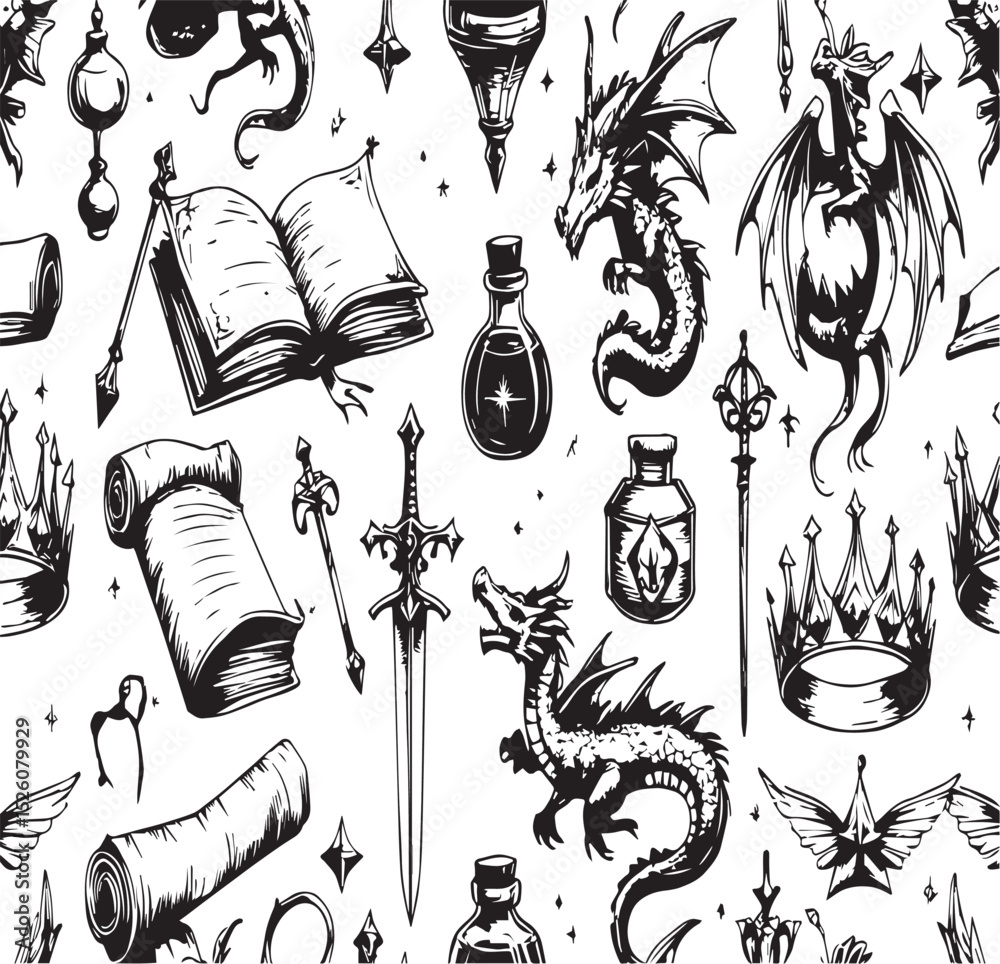 Seamless Pattern of Magic and Fantasy Elements