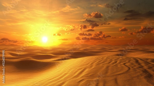 Fototapeta Naklejka Na Ścianę i Meble -  Golden sunset over vast, golden sand dunes with scattered clouds in the sky.