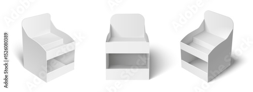 White cardboard display stands, risers in various angles. Blank pos poi mockups. Empty product shelf, platform or stage for retail showcasing and advertising. 3d paper countertop presentation booth.