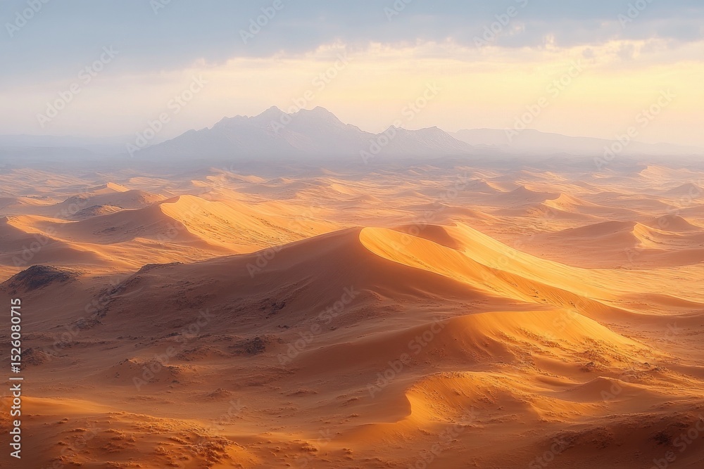Naklejka premium Expansive golden sand dunes under soft sunlight with distant mountain range and hazy sky creating a serene desert landscape