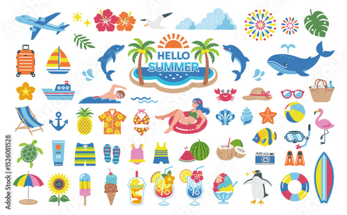 Summer Vacation and Beach Icon Set. Tropical Travel Illustration 