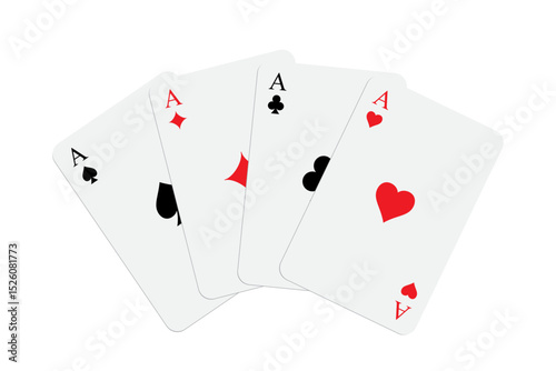 Classic playing cards set. Four aces with traditional red and black suits: spade, club, diamond, and heart. Minimalist flat design on white background. Vector illustration of poker deck.