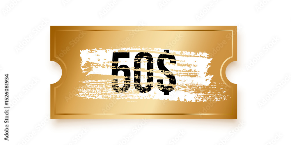 Golden scratch-off ticket with grunge brush stroke opening the prize of $50. Golden winner scratching card. Winning lottery coupon isolated on transparent background. Realistic vector illustration.