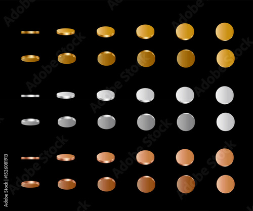 Gold, silver and bronze coins animation. 3d metal money rotation in different colors and positions. Flip coins vector set isolated on white background. Game icons. Payments, investment, finance.