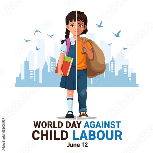 Symbolic flat vector for World Day Against Child Labour (June 12): A child torn between school and labor, carrying a book and a heavy sack. Highlight education and child rights