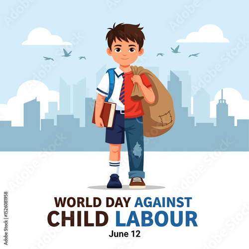 Symbolic flat vector for World Day Against Child Labour (June 12): A child torn between school and labor, carrying a book and a heavy sack. Highlight education and child rights