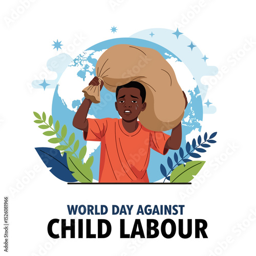 flat vector illustration for World Day Against Child Labour: a tearful child struggles under a heavy sack, symbolizing the global burden of child exploitation. Emphasizes child rights and freedom