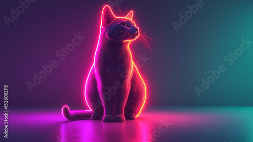 Futuristic neon cat glowing in a digital cyberpunk city. photo