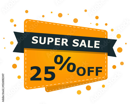 Super sale sparkle banner with 25 percent off text. Bright orange label design with percentage discount. Vector illustration for shopping, promotion and marketing